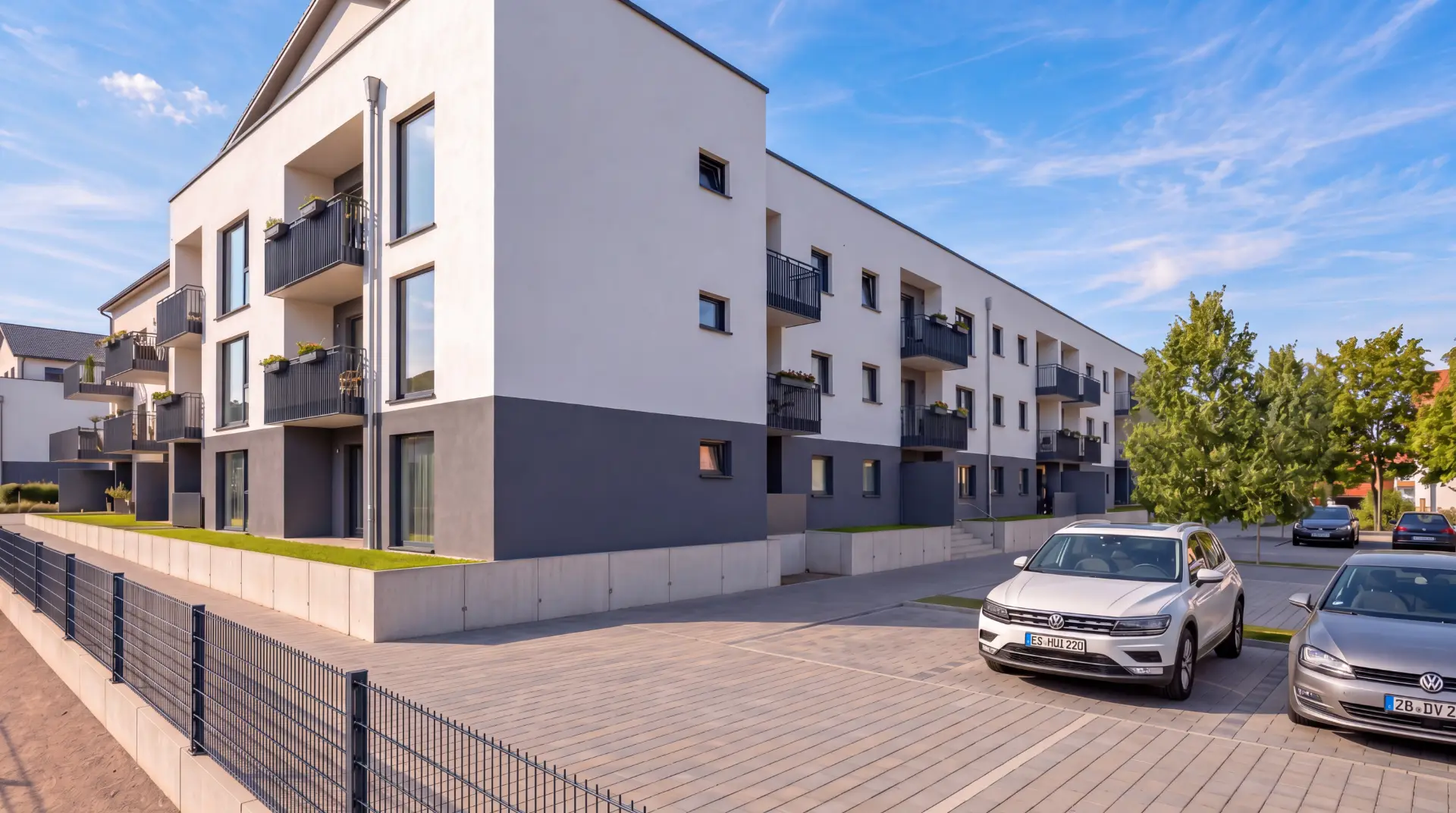 Visualisierung: Straßenansicht des Neubauquartiers AM GOLDBACH bei Tag
